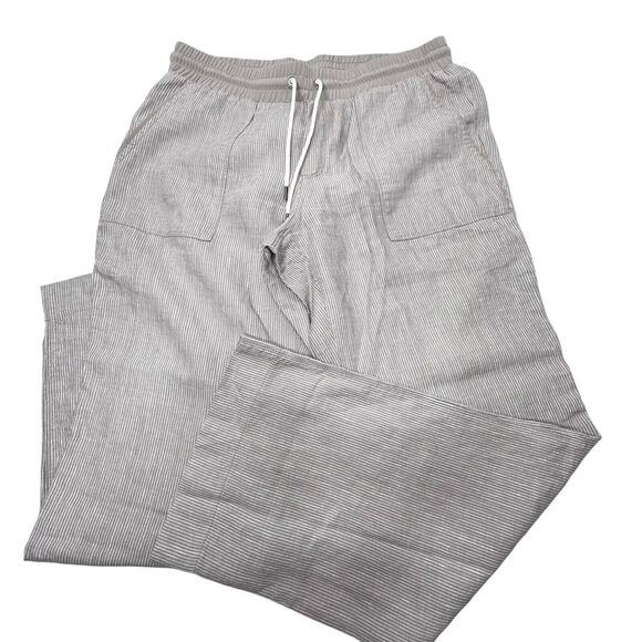 Athleta Pants - ATHLETA Linen Wide Leg Pant Striped Size 14 Drawstring Waist Pockets Gray/taupe